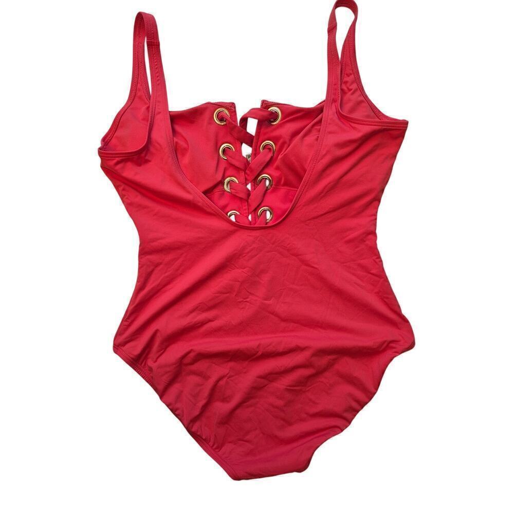 Michael Kors Sz. 16 Red/Orange One Piece Swimsuit Gold Hardware Lace Up
